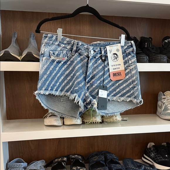 Diesel Pants - Diesel Logo Print Blue Jean Shorts